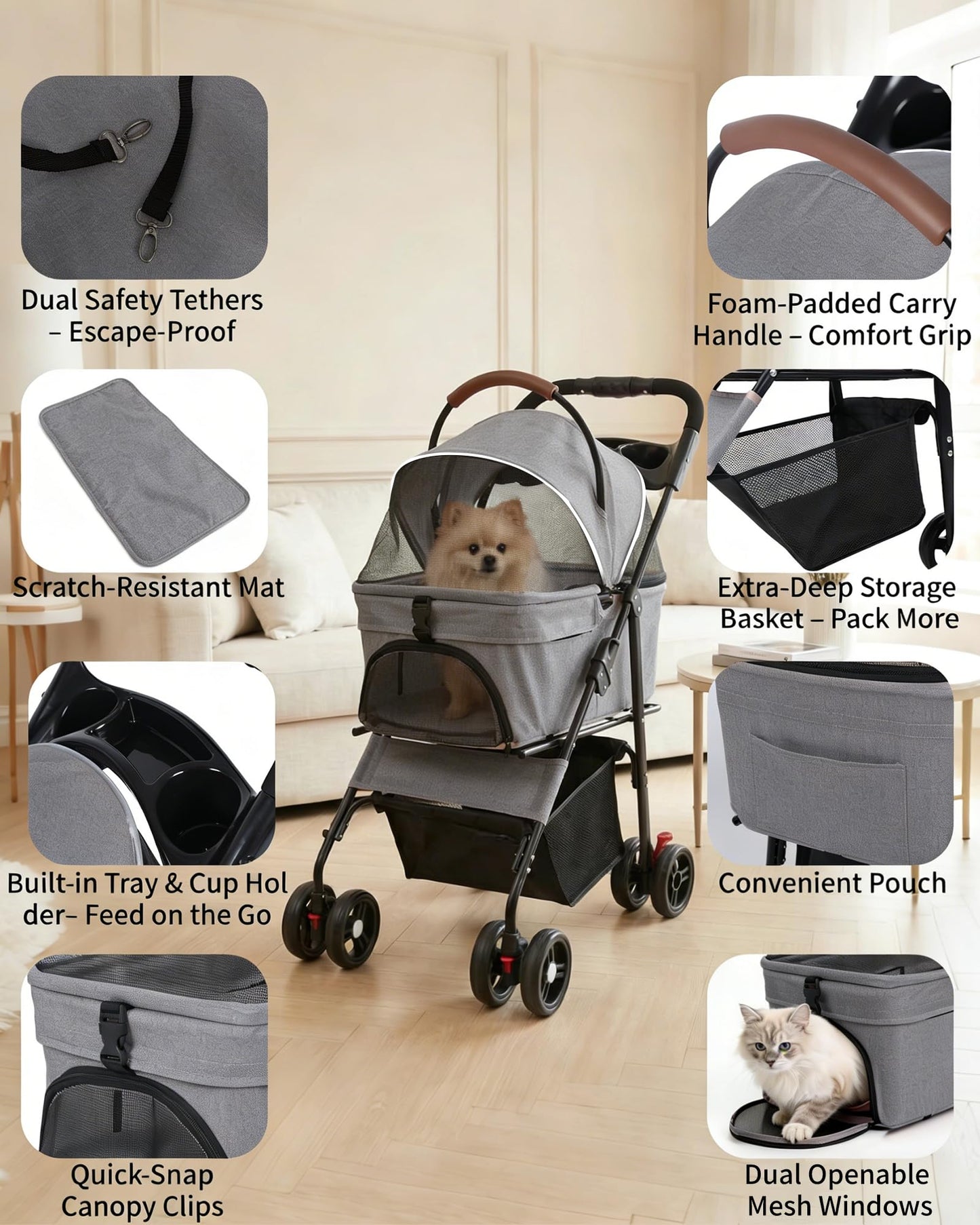 Pet Stroller with Removable Carrier, 35lbs Capacity - One-Click Foldable Dog Stroller, Cat Carrier & All-Terrain Wheels, Compact Travel Pet Stroller for Small to Medium Pets-Gray
