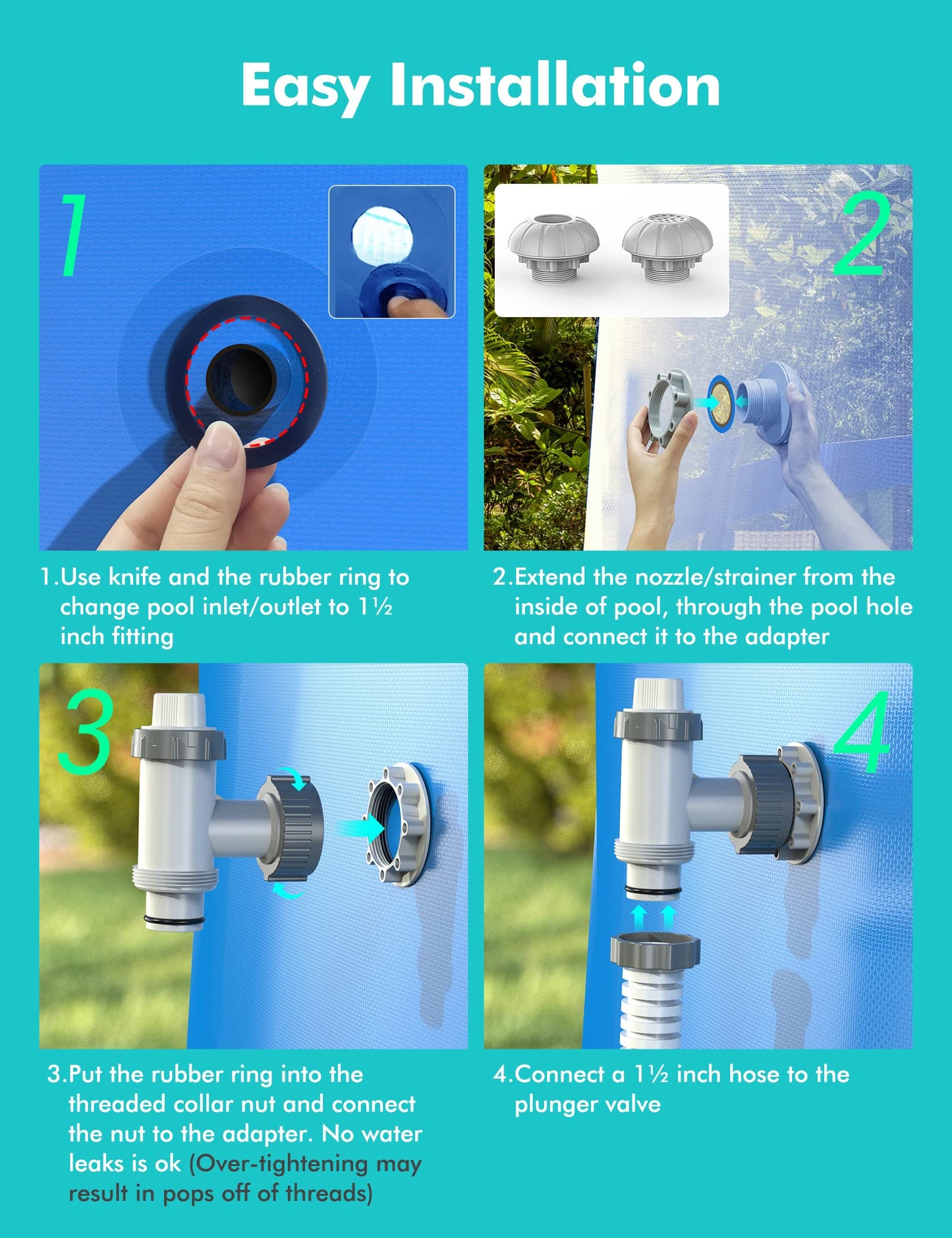 MASCARRY Above Ground Pool Parts, Plunger Valves for Pools Replacement Parts, Pool Pump Part with On Off Plunger Valves, 1.5" Outlet Strainer & Inlet Nozzle, Pool Hose Adapter for Sand Pump