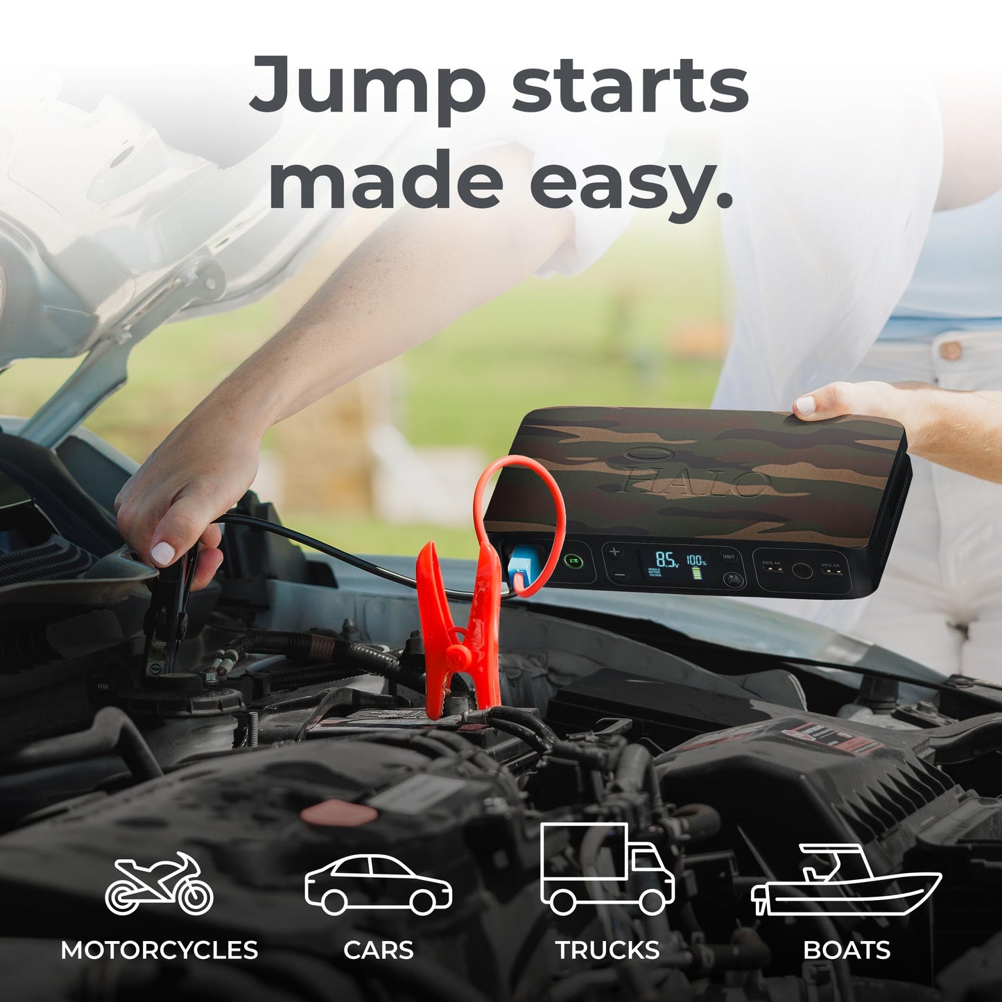 HALO Bolt Air 58830 Portable Car Battery Jump Starter | 100 PSI Air Compressor, 58.8Wh USB Power Bank, Emergency Floodlight & Charger, Jumps Cars SUVs & Trucks, Inflates Tires, TSA Approved — Camo