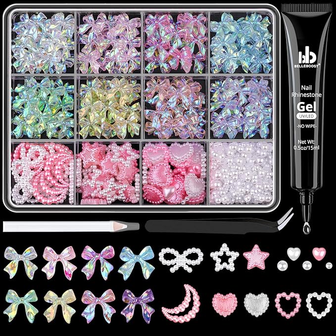 600 Pcs 3D Nail Charms and Flatback Pearls #10, 6 Colors Bow + Pink&White Star Heart Moon Cute Charms + 2-6mm White Pearls for Nail Art Design with Nail Charm Glue(UV Needed) and Pickup Tools