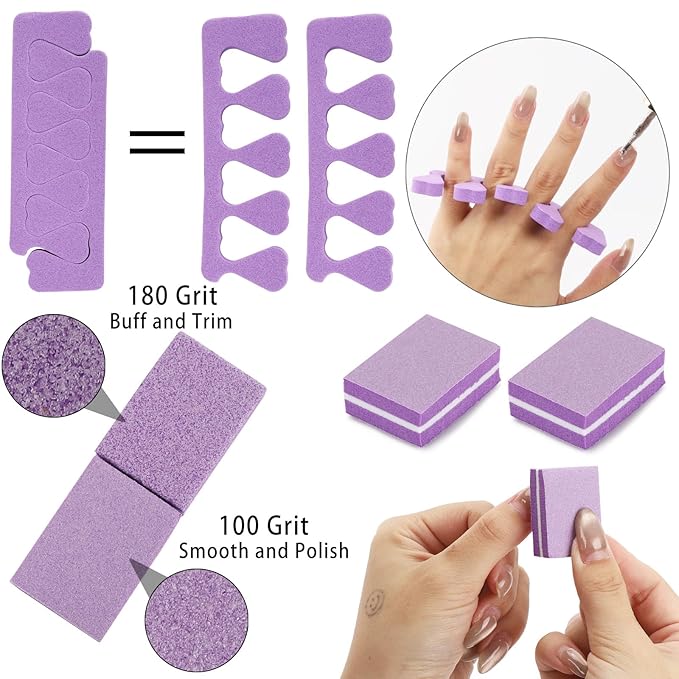 102pcs Toe Separators Set - Premium Pedicure Tool Super Soft Pedicure Toe Separator- Mini Nail Buffer Block File 80/100 Grit 2 Sided, Purple