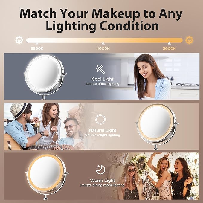 Makeup Mirror, 1X/30X Magnification with 3 Level LED Lights, 5000 mAh Rechargeable Double Sided 9” Magnifying Mirror with 360° Rotation, Perfect for Precision Grooming and Makeup, Women Gift