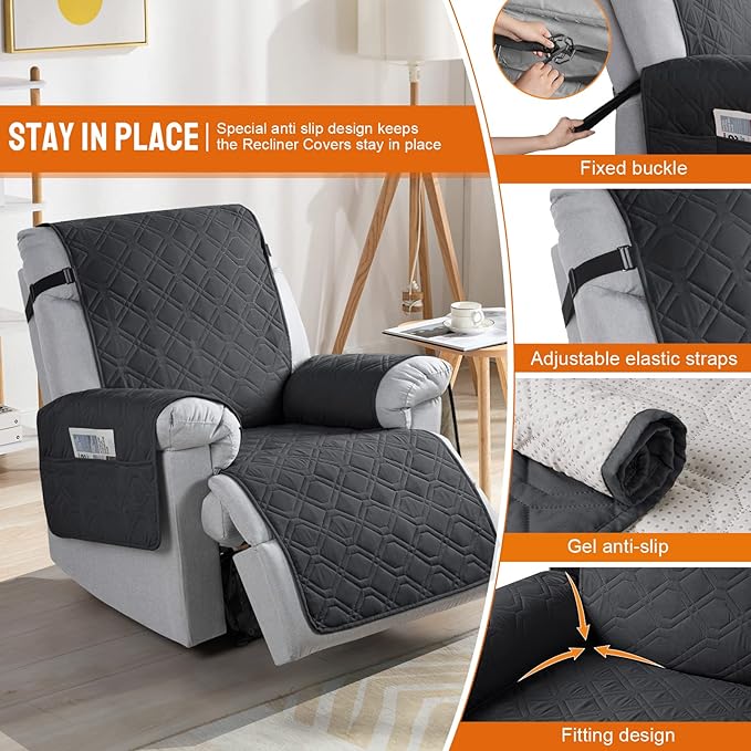 VANSOFY 100% Waterproof Recliner Chair Covers, Recliner Cover Non-Slip Dog Chair Cover Furniture Protector Washable Slipcover with Pocket, Elastic Straps for Pets, Dogs(Black, 20")