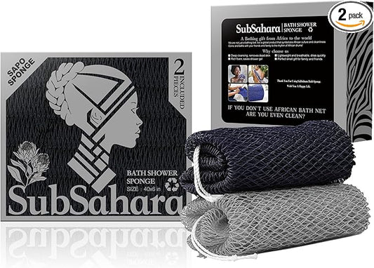 SubSahara Authentic African Net Sponge - 2 Pack Exfoliating Bath & Shower Loofah Sponge for Body & Face, Gentle Scrubber for All Skin Types, Travel, Durable (Black & Grey)