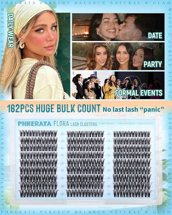 PHKERATA Flora Lash Clusters Wispy Eyelash Clusters 162pcs Natural Cluster Eyelash Extensions Ultra-thin Band Cluster Lashes C Curve Lash Extension DIY Soft Individual Lashes, 10-16mm