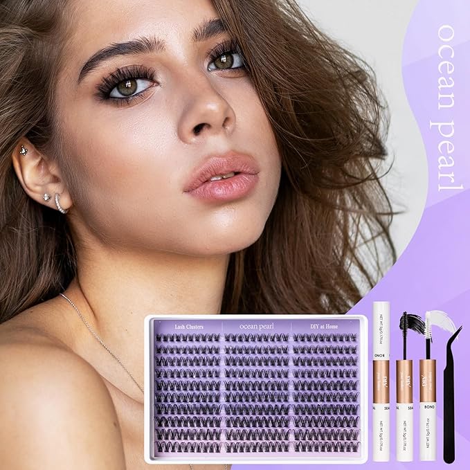 Ocean Pearl Lash Clusters 300pcs 10-18mm Cluster Eyelash Extensions Natural Eyelash Clusters Thin Band Individual Lashes Soft Eyelashes False Eyelashes DIY Lash Extensions Kit with bond and seal-M36