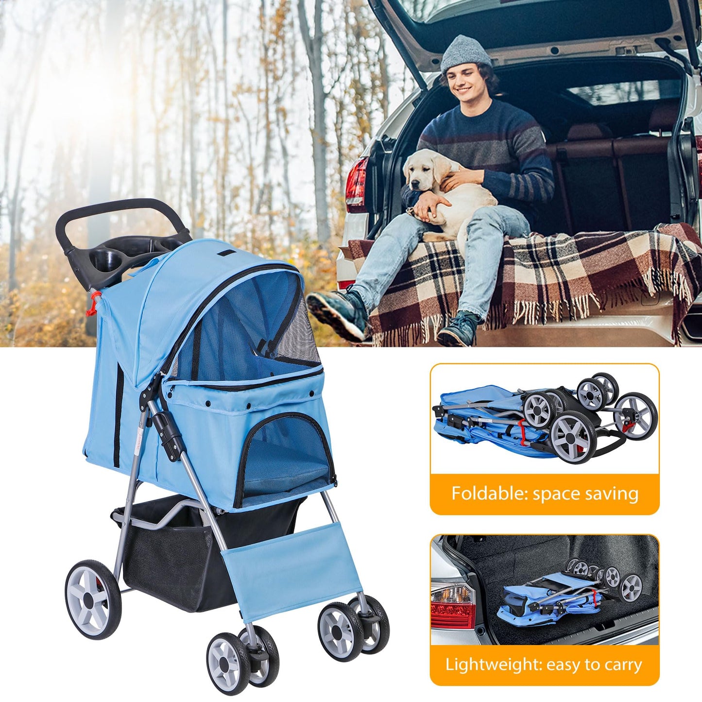 Epetlover 4 Wheels Dog Stroller Folding Pet Strolling Cart for Small Medium Cats Puppies Portable Jogger Travel Camping Puppy Carrier with Storage Basket Cup Holder, Blue