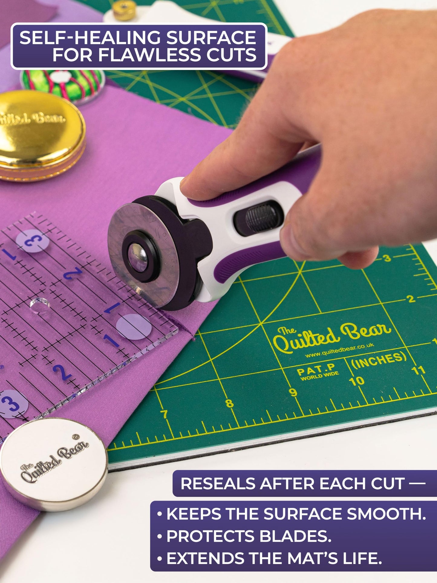 The Quilted Bear Rotating Cutting Mat 7" x 7" - Locking & Rotating Self Healing Cutting Board for Sewing, Fabric & Effortless Quilting - 360 Degree Sewing Supplies Mat for Craft Table (Green)