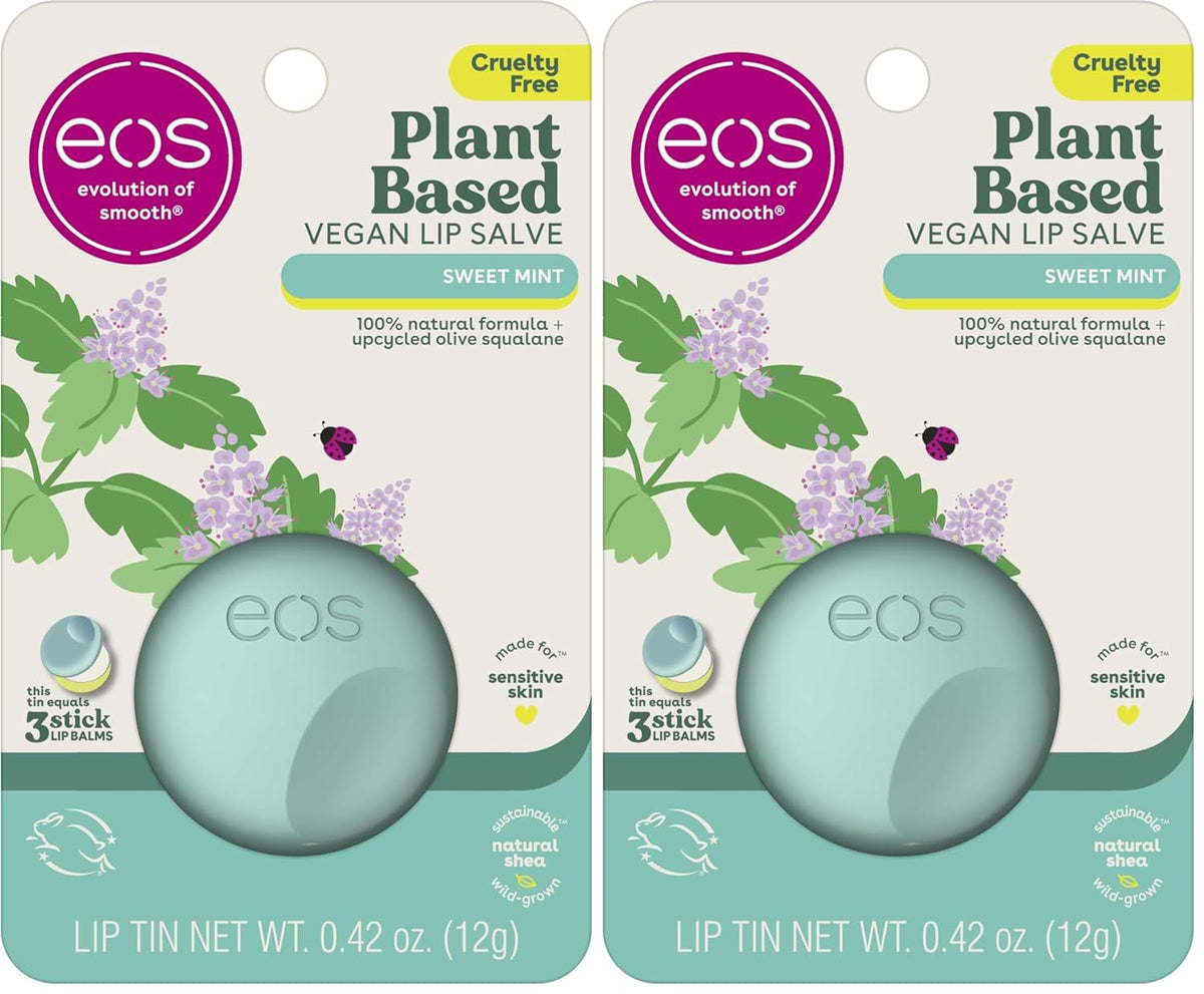 eos Plant-Based Vegan Lip Salve - Sweet Mint, 100% Natural Formula, Cocoa Butter Lip Balm with Upcycled Olive Squalane, Cruelty-Free, 0.42 oz (Pack of 2)