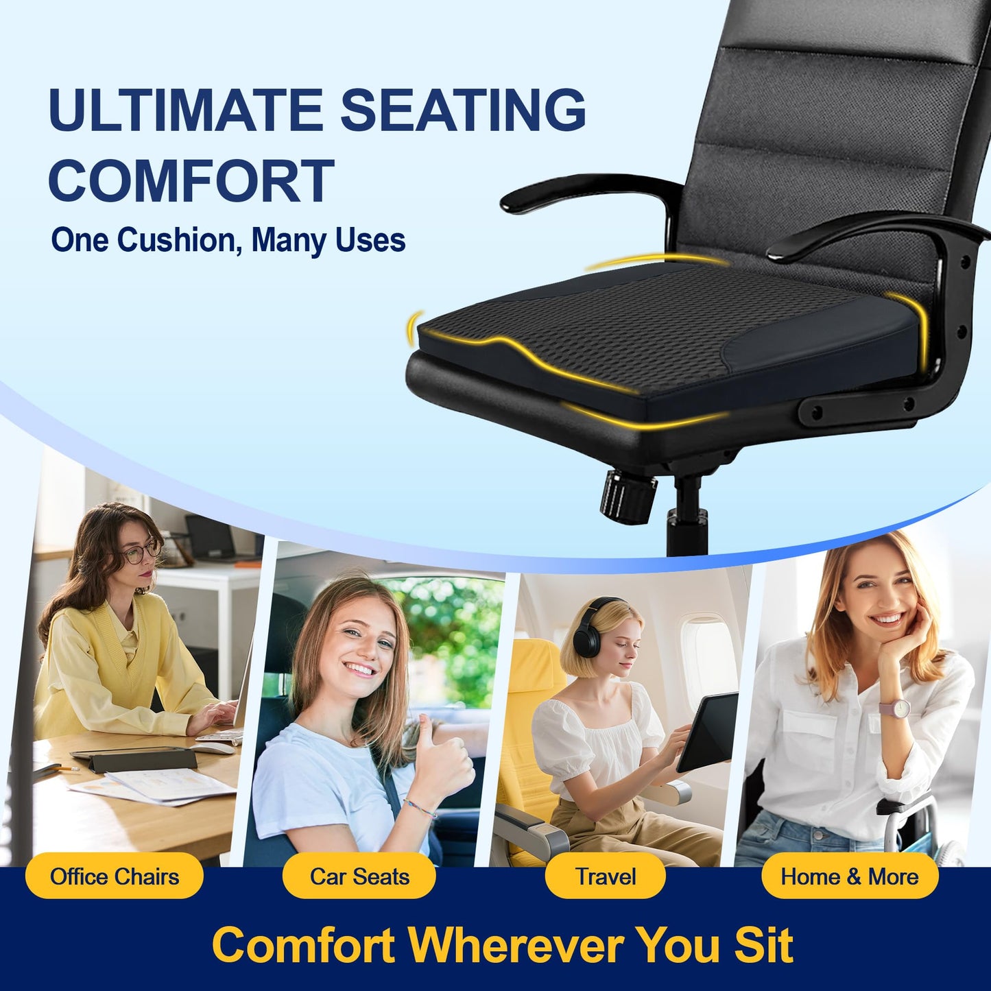 kingphenix Car Seat Cushion – Memory Foam Pad for Driving Comfort – Boosts Height and Relieves Coccyx & Lower Back Pain – Car, Truck, Office Chair (Leather & 4D Mesh Black)