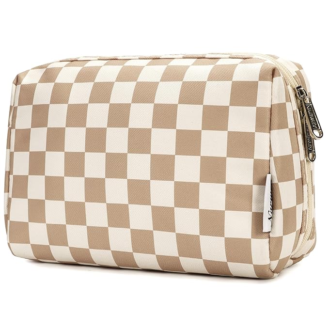 Narwey Checkered Makeup Bag Travel Cosmetic Bag Organizer Toiletry Bag Make Up Bags with Compartments for Women Girls (Large, Khaki Checkerboard)