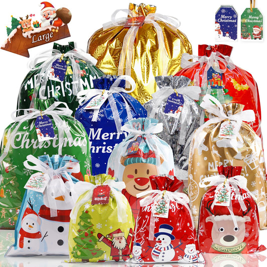 MOKANI Christmas Bags 30Pcs Christmas Drawstring Gift Bags Assorted Sizes Large Medium Small Wrapping Bags 12 Design Goody Bags for Presents with Tags Xmas Gift Bags for Party