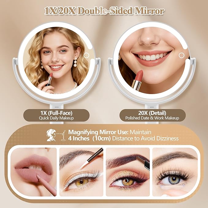 Makeup Mirror with Lights, Double Sided 1x/20x Magnifying Mirror with Light, Rechargeable 3 Color Lights and Adjustable Brightness, 360° Rotation Detachable Comes with Tweezer(White)