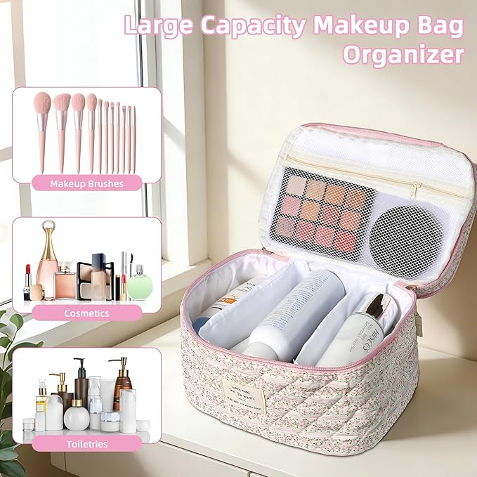 Makeup Bag, Portable Travel Make up Bag, Large Capacity Quilted Cosmetic Organizer Bag, Cute Floral Toiletry Bag for Women Girls (Pink Flower)