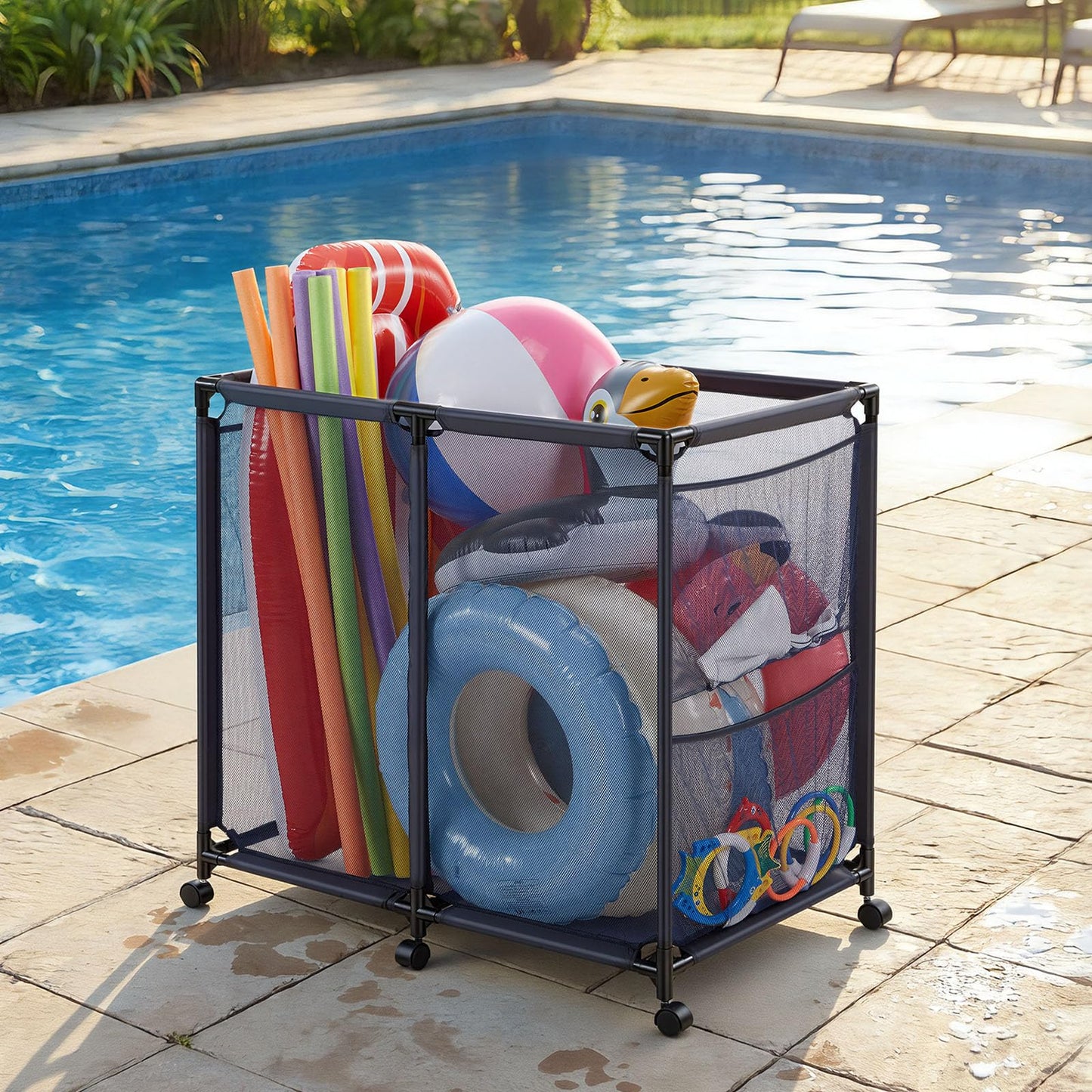 VEVOR Pool Storage Bin, 36.8 x 24 x 35.6 in, Rolling Pool Float Storage Organizer with Side Pockets & Casters, Heavy Duty Metal Frame, Poolside Toys Noodles Holder Mesh Basket for Swimming Pools