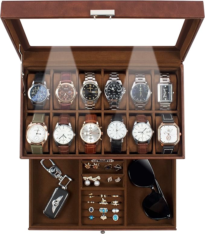 GUKA Watch Box 12 Slot Watch Display Organizer Leather Jewelry Case Drawer Glass Birthday for Men Women, Child Husband Dad GK-012-BROWN-LED-24