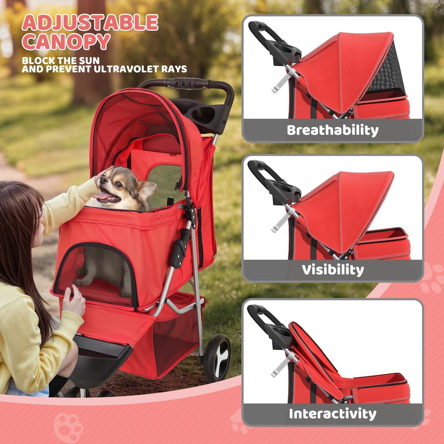 Magshion 3-Wheel Pet Stroller, Foldable Travel Jogger for Small & Medium Dogs & Cats (Up to 33lbs), Lightweight Carrier with Breathable Mesh Cover, Cup Holder & Storage Basket, Red