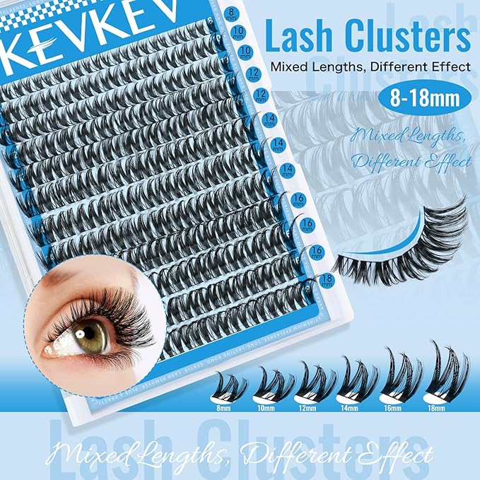 KEVKEV Lash Clusters Flora Eyelash Clusters 8-18mm Lashes Clusters 144pcs Soft Cluster Eyelash Extensions Ultra-Thin Band Ultra-Light Natural Look Natural Lash Clusters DIY Lash At Home(K03)
