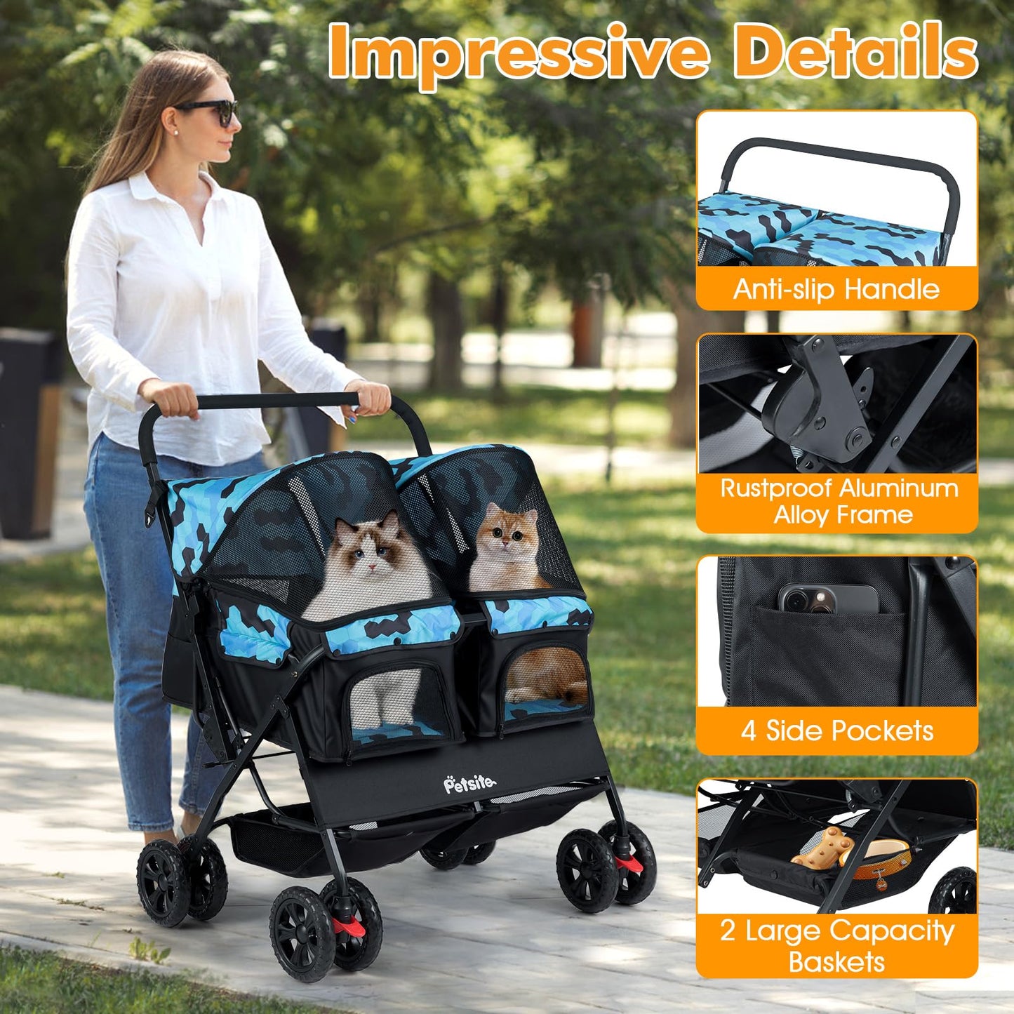 PETSITE Double Pet Stroller, Foldable Double Dog Stroller with 2-Seater Carrier, Adjustable Sunshade, Removable Pad, Safety Belt, Storage Basket, 4-Wheel Pet Travel Cart for 2 Puppies & Cats (Navy)