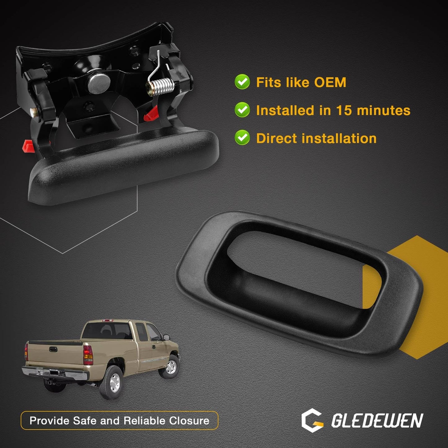 Gledewen Tailgate Handle Latch and Bezel Trim with Rod Clips | for 1999-2007 Chevy Silverado GMC Sierra 1500 2500 3500 | Replaces# 15997911, 15228539, 15228541, 15228540