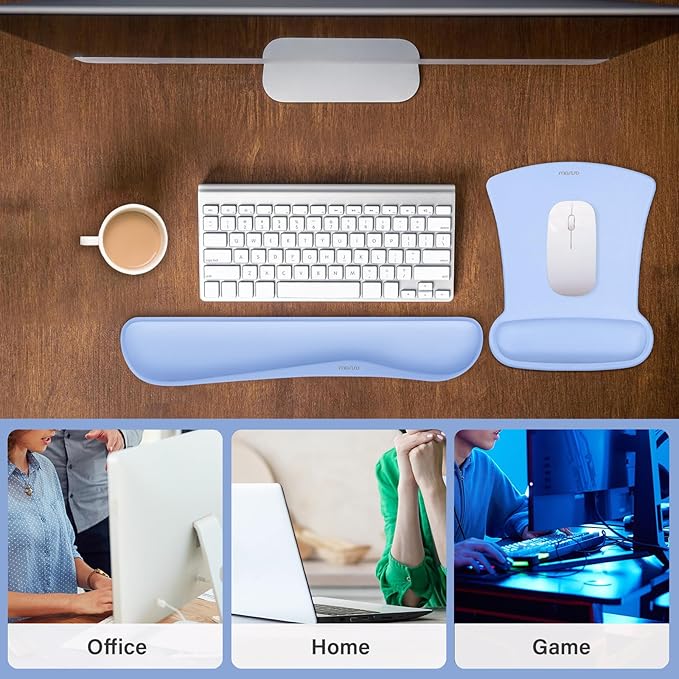 MOSISO Wrist Rest Support for Mouse Pad & Keyboard Set, Ergonomic Mousepad Non-Slip Base Home/Office Pain Relief & Easy Typing Cushion with Neoprene Cloth & Raised Memory Foam, Air Blue