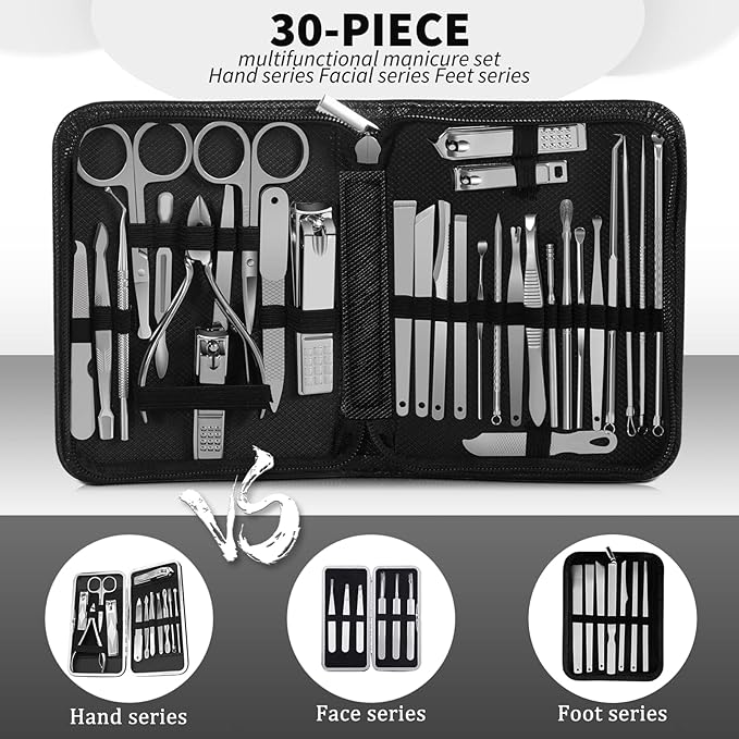 Manicure Set Professional Set Nail Clippers Pedicure Kit-30 Pieces Stainless Steel Manicure Kit, Grooming Kit Nail Care Tools with Luxurious Travel Case Silver