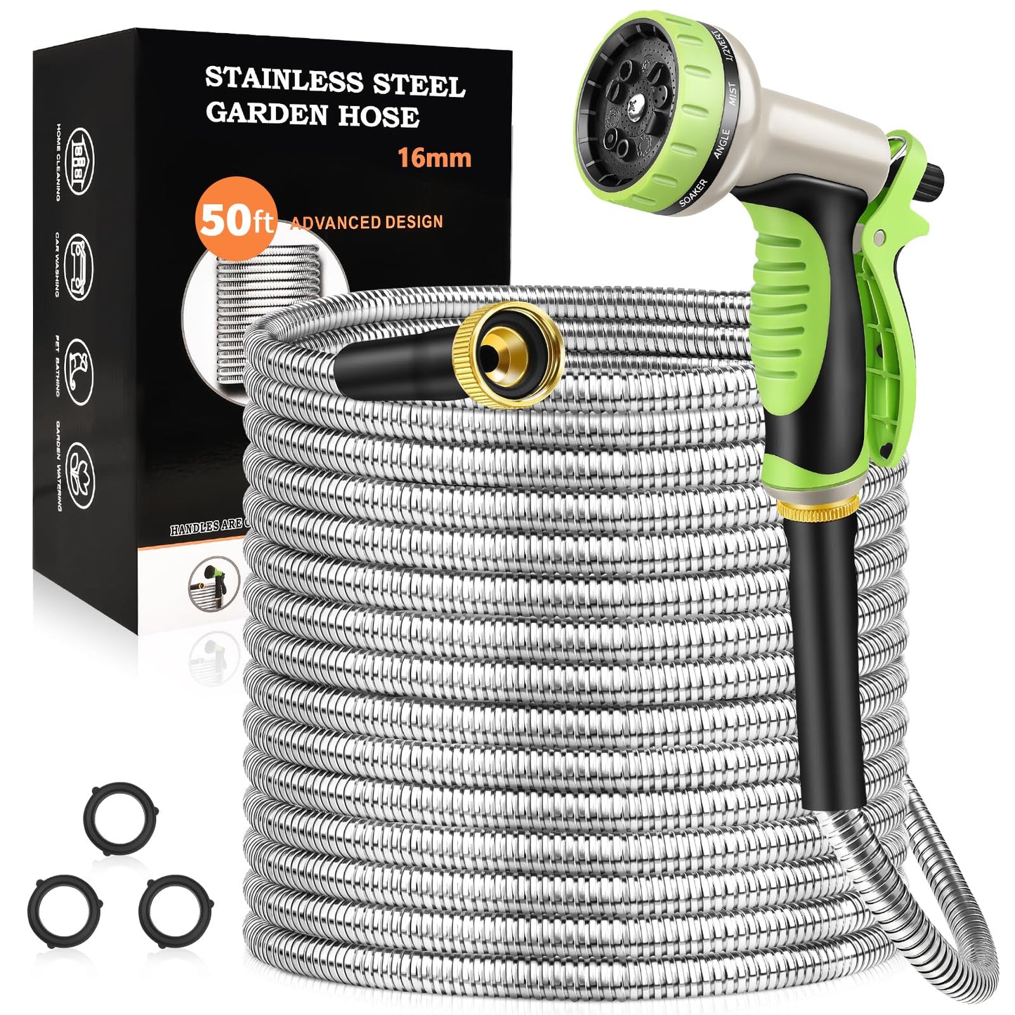 GOXAWEE Garden Hose 50FT, Stainless Steel Heavy Duty Water Hose With 10 Function Nozzle, No-Kink, Tough & Flexible, Sturdy and Lightweight, Rust Proof for Yard, Outdoor, RV