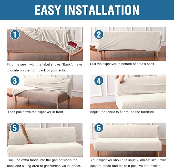 H.VERSAILTEX Armless Futon Cover Stretch Sofa Bed Slipcover Protector Elastic Feature Rich Textured High Spandex Small Checks Jacquard Fabric Futon Cover, Machine Washable, Ivory