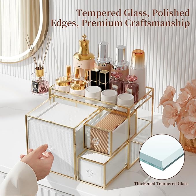 Coralhouse Tempered Glass Face Towel Holder with 3 Drawers, Bathroom Vanity Organizer for Disposable Face Towels, Cotton Pads, Swabs and Skincare Tools
