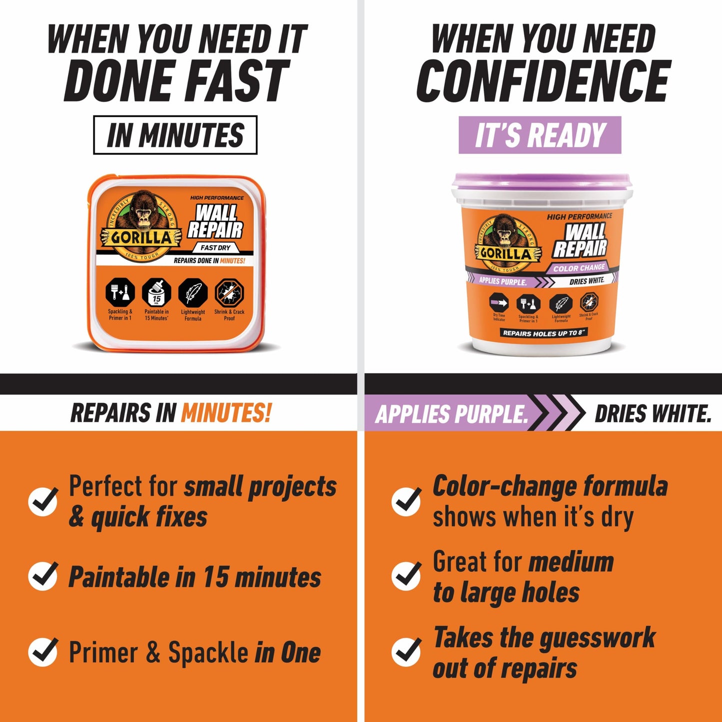 Gorilla High Performance Wall Repair Color Change, 32 Ounce Tub, Applies Purple, Dries White – Spackling & Primer in One, Shrink & Crack Resistant