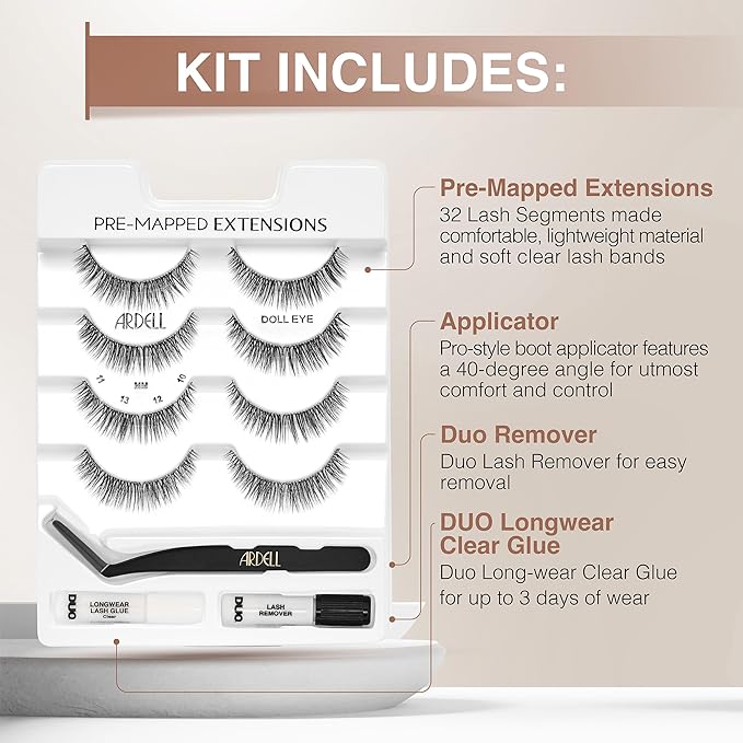 Ardell Pre-Mapped Eyelash Extensions Kit - False Lashes Doll Eye, Reusable Segmented Lash Strips, Long-Lasting with Glue and Remover, 4 Pack
