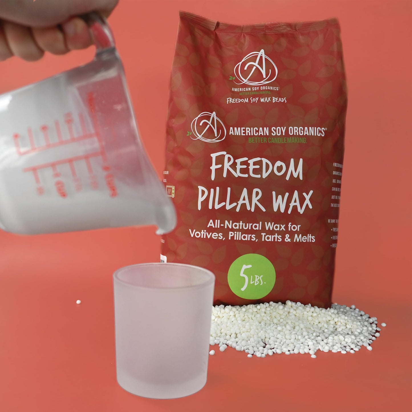 American Soy Organics Freedom Soy Wax Beads for Pillar Candle Making - Natural Supplies - Paraffin-Free, Beeswax-Free Wax for Votives, Pillars, Tarts, Tealights and Melts 5 lb