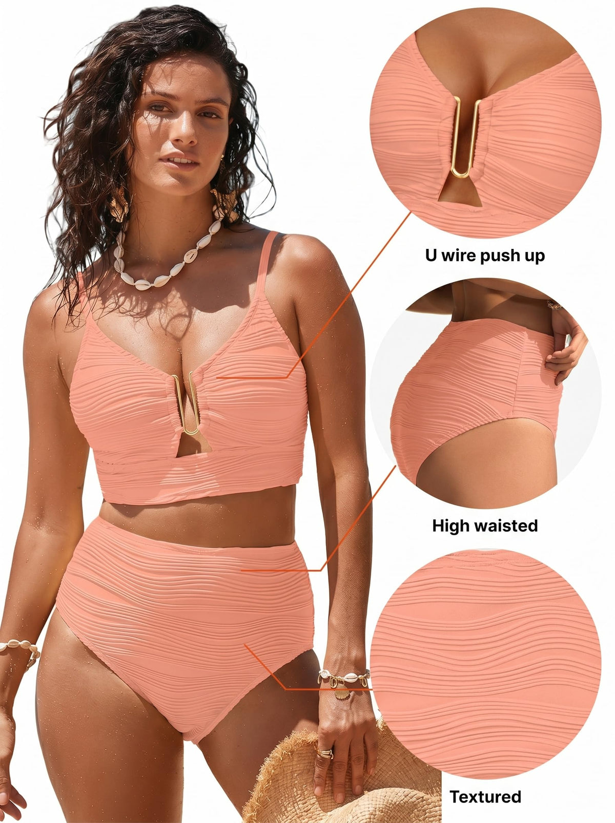 Herseas Sexy Bikini Sets for Women V-Wired Textured Cutout Popular Swimsuit 2 Piece High Cut 2026 Summer Beach Vacation Clothes Chic Slimming Bathing Suit Apricot Pink X-Small