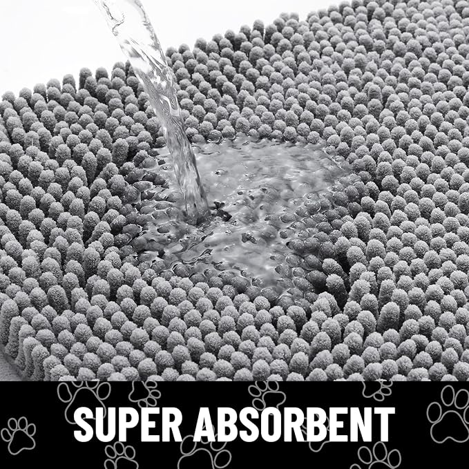 Smiry Dog Door Mat for Muddy Paws, Absorbent Dirt Trapper Non Slip Quick Dry Washable Chenille Mat for Mud Dogs, Entry Rug for Indoor and Outdoor (24x16 Inches, Grey and Black)