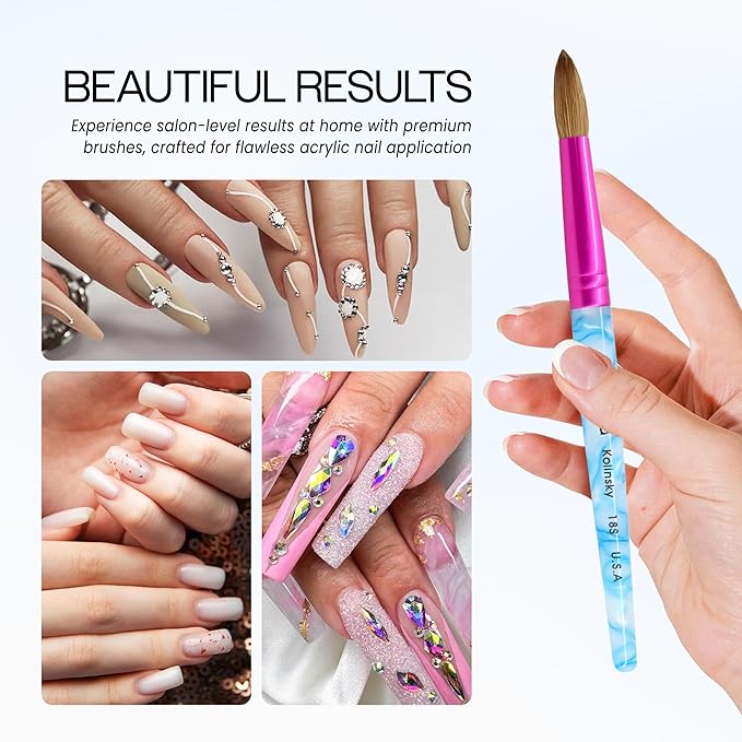 PANA USA Acrylic Nail Brush Pure Kolinsky Hair Acrylic White Swirl Blue Handle with Pink Ferrule Round Shaped - Size 18