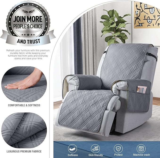 TAOCOCO Waterproof Large Recliner Chair Cover, Non Slip Recliner Covers for Recliner Chair with Double Straps, Reclining Chair Cover Furniture Protector for Kids, Pets(28'', Gray)