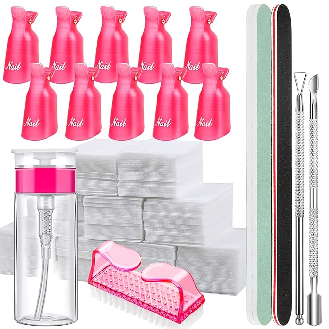FANDAMEI Nail Polish Gel Remover Tools Kit with Nail Clips, 100ml Nail Polish Remover Bottle, 500 Nail Remover Cotton Pad, Nail Brush, Cuticle Pusher/Peeler, 100/180 Nail File,Buffer Block