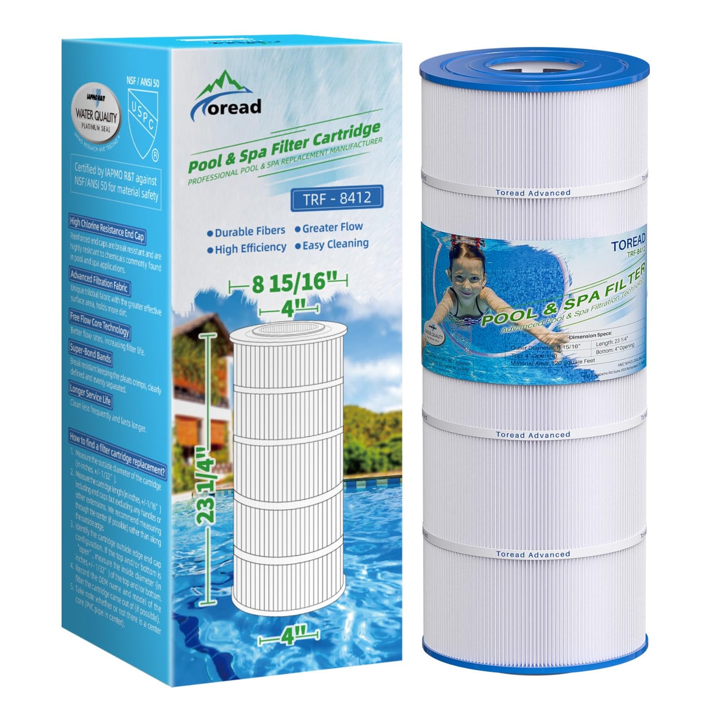 TOREAD PA120 Pool Filter Replacement for Ultra-B2, CX1200RE, C1200, Unicel C-8412, Filbur FC-1293, HAY823C, Waterway Clearwater II, Pro Clean 125, 817-0125N, Aladdin 22002, L x OD:23 1/4"x 8 15/16"