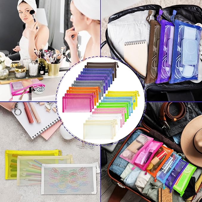 Mesh Pouches (24 Pack), Small Mesh Bags with Zipper Nylon Makeup Pouches Bag Cosmetic Pouch Travel Purse Organizer Insert Diaper Inside Bag Organizers Home Organizing Size See Through Cute Colors