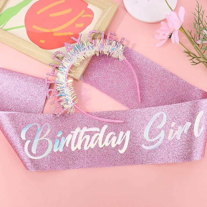CIEHER Pink Birthday Girl Headband & Birthday Sash for Women Girls Decorations & Party Favors