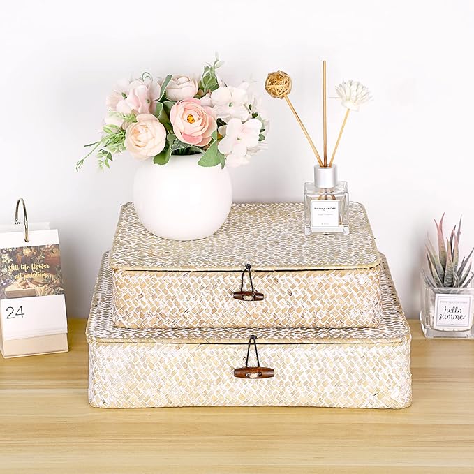 Hipiwe Set of 2 Flat Woven Wicker Storage Bins with Lid Natural Seagrass Basket Boxes Multipurpose Home Organizer Bins Boxes for Shelf Organizer (Whitewash)