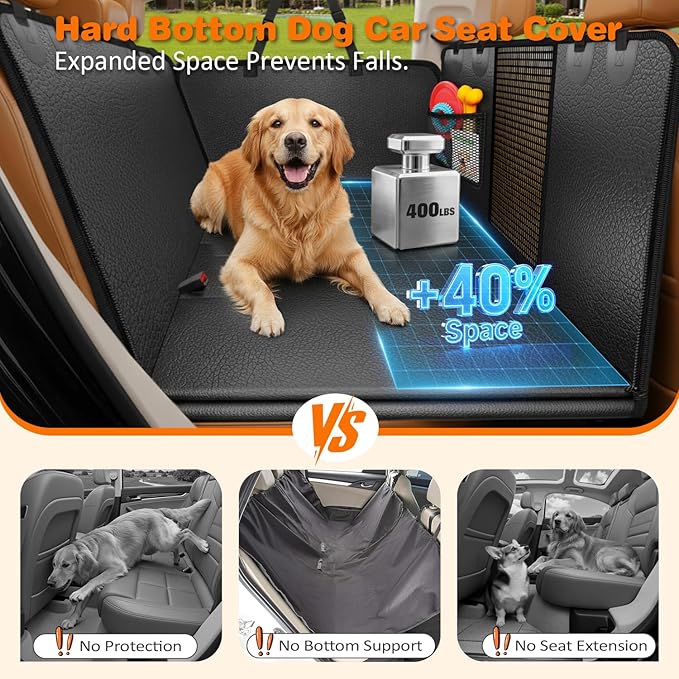 URPOWER PU Leather Backseat Extender for Dogs, Hard Bottom Dog Car Seat Cover for Back Seat, Waterproof Dog Car Hammock Anti-Scratch Pet Rear Seat Protector Travel Bed for Car, SUV, and Small Truck