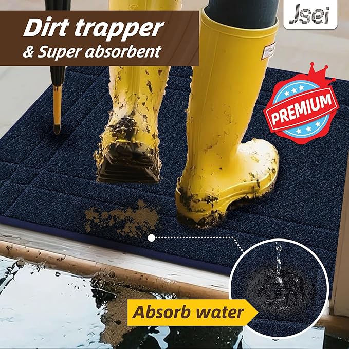 JSEI Entryway Rugs Doormat 20"x32", Non-Slip Dirt Trapper Door Mats Indoor, Washable Absorbent and Stain Resist Welcome Floor Mat for Front Door, Dog Door Mat, Dirty Wet Shoes & Paws, Navy Blue