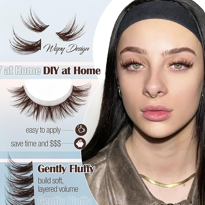 Brown Cluster Lashes Fairy Eyelash Clusters Natural Lash Extensions Wispy 3D Cluster Eyelash Extensions DIY Lash Extensions Soft Dark Brown Individual Eyelashes CC-Curly 8-16MM 144PCS