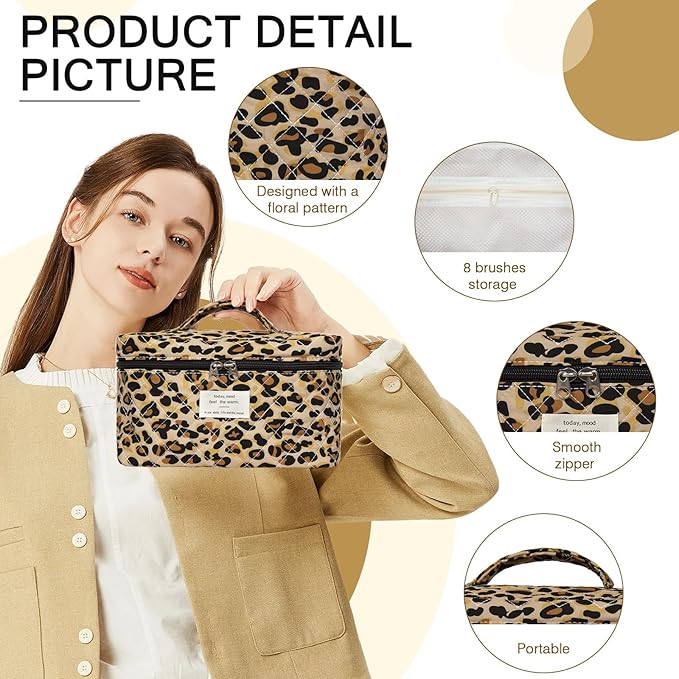 1pc Large Makeup Bag, Cute Cosmetic Bag for Women Girls, Floral Coquette Aesthetic Toiletry Bag, Travel Make Up Organizer Bag (Leopard Print)