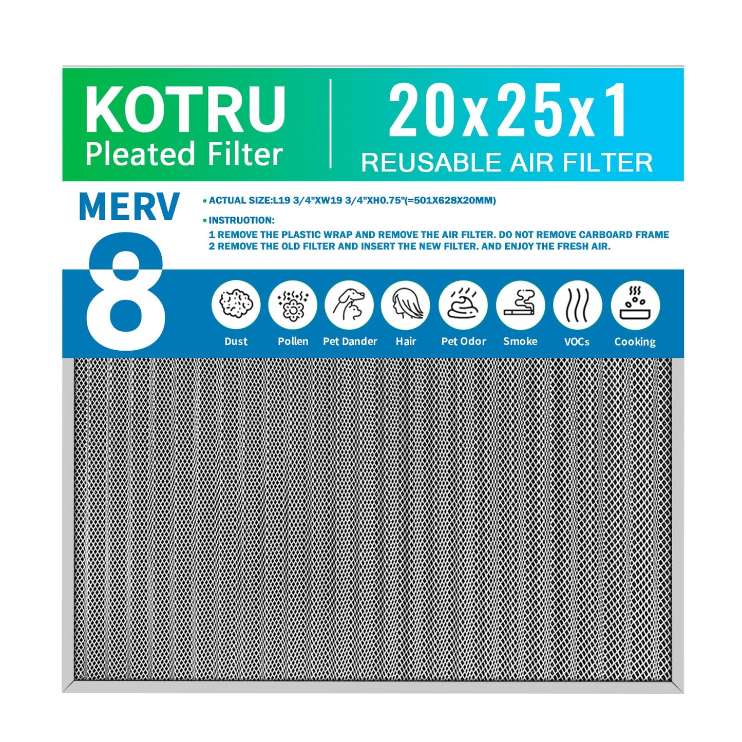 20x25x1 Air Filter, Reusable Air Filter - MERV 8, Washable Aluminum Permanent Electrostatic Filter - Long Service Life - For - Home and Office HVAC, Fireplace Systems (20x25x1)