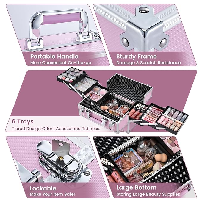 Frenessa Makeup Train Case Large Portable Cosmetic Case - 6 Tier Trays Professional Makeup Storage Organizer Box Make Up Carrier with Lockable keys - Pink