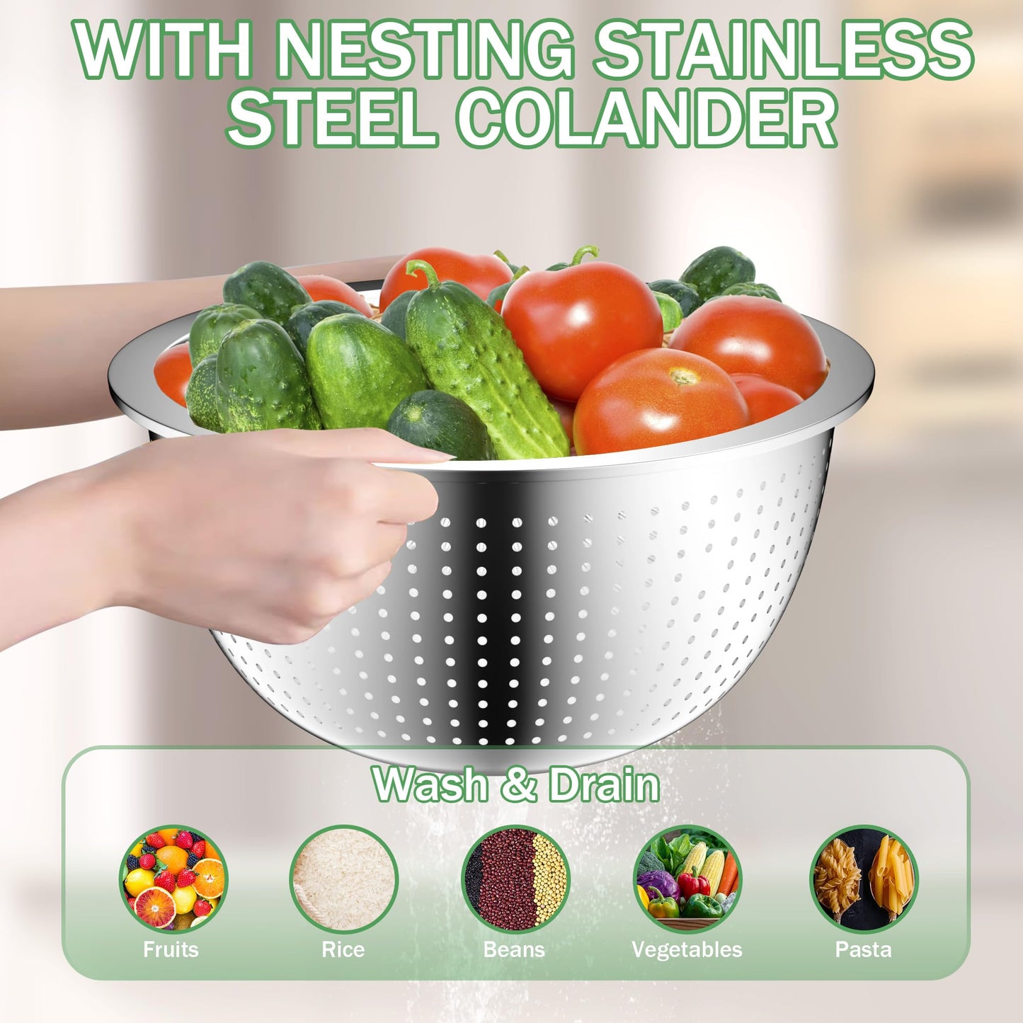 DUTZUN Mixing Bowls with Lids Set, Stainless Steel Mixing Bowls with Colander, Strainer with Mixing Bowl Set, Kitchen Gadgets Bowl Christams Gift, Size 4, 2.5, 2, 1.5QT - Black