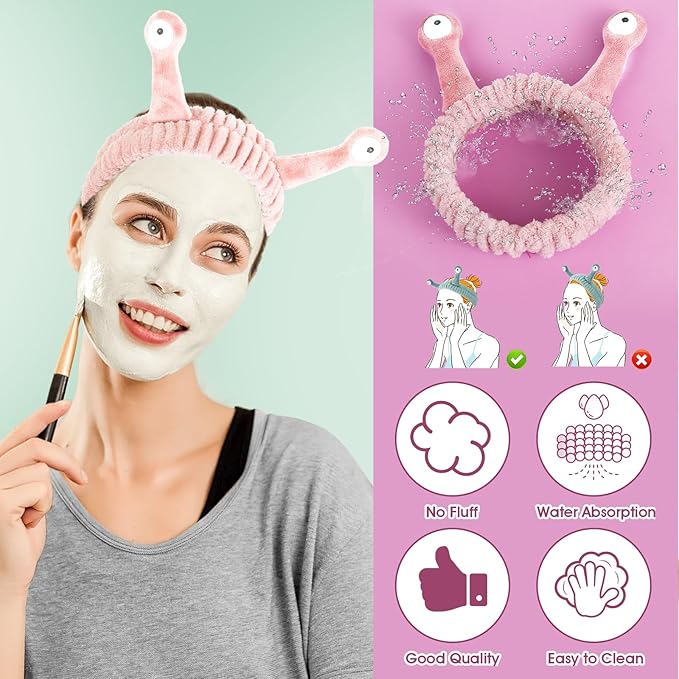 Spa Headband Facial Makeup Head Band Microfiber Soft Coral Fleece Head Wraps Snail Cartoon Cute Hair Accessories Elastic Skincare Hair Band for Women Girls Washing Face Beauty (Pink)