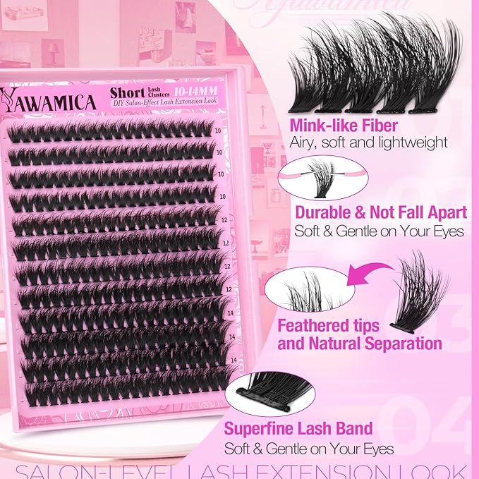 Yawamica Fluffy Lash Clusters 10-14mm Short Eyelash Clusters Thick 200D Volume Cluster Eyelash Extensions D Curl Wispy Individual Lashes DIY Lash Extension for Soft Glam and Daily Wear